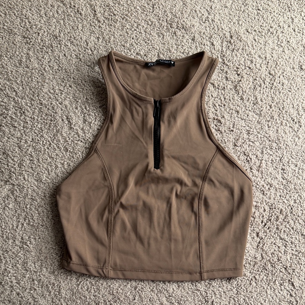 Zara Taupe Zip-Up Crop Top